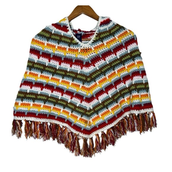 VTG Gap Kids Rainbow Hooded Poncho Fringe 90's Cotton Crochet Sz M/8 Retro - Picture 1 of 9